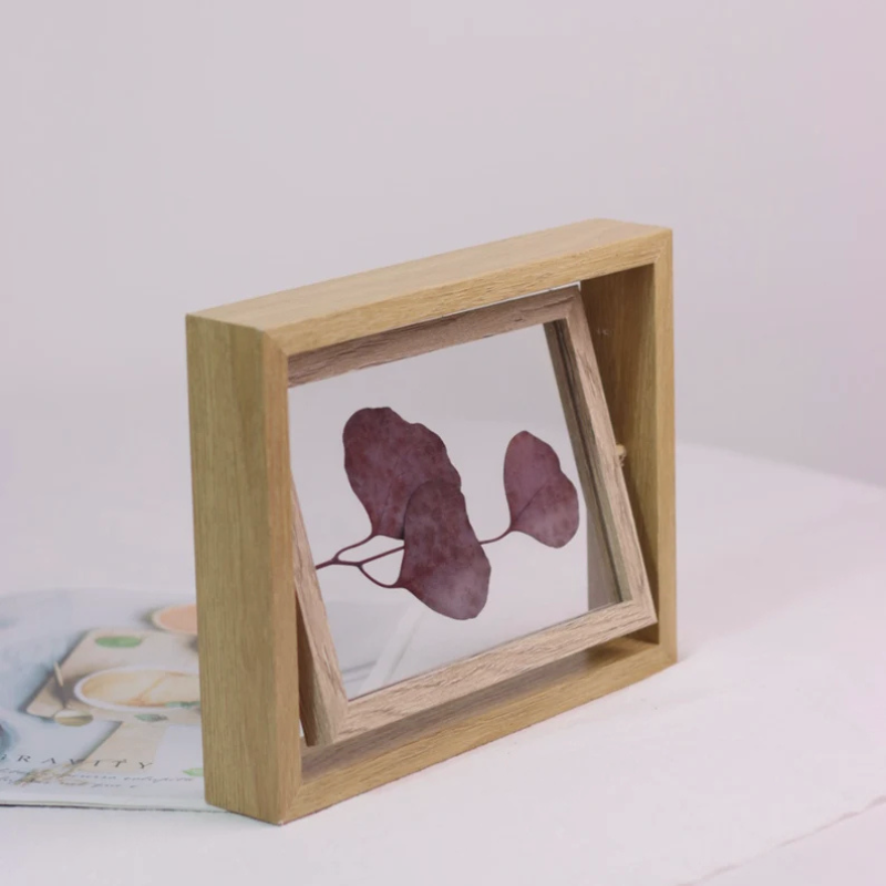 Retro doppelseitiger Float Bilderrahmen – Drehbarer Holzrahmen mit Acryl für gepresste Blumen, Fotos & A4 Zertifikate